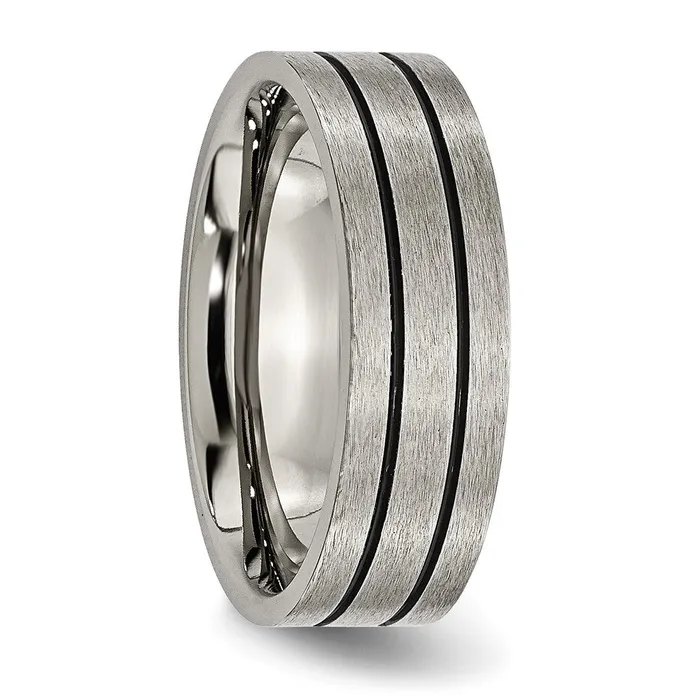TreasureFineJewelers Rings Titanium Brushed Black Enamel Grooved 7mm Flat Band