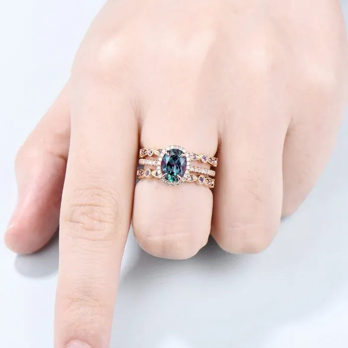 PENFINE Rings Vintage alexandrite engagement ring set Unique 14k rose gold halo diamond wedding ring set antique amethyst double stacking band bridal set PENFINE Rings Vintage alexandrite engagement ring set Unique 14k rose gold halo diamond wedding ring set antique amethyst double stacking band bridal set