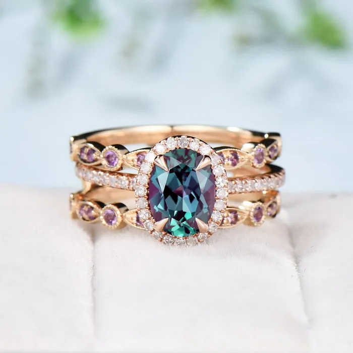PENFINE Rings Vintage alexandrite engagement ring set Unique 14k rose gold halo diamond wedding ring set antique amethyst double stacking band bridal set PENFINE Rings Vintage alexandrite engagement ring set Unique 14k rose gold halo diamond wedding ring set antique amethyst double stacking band bridal set