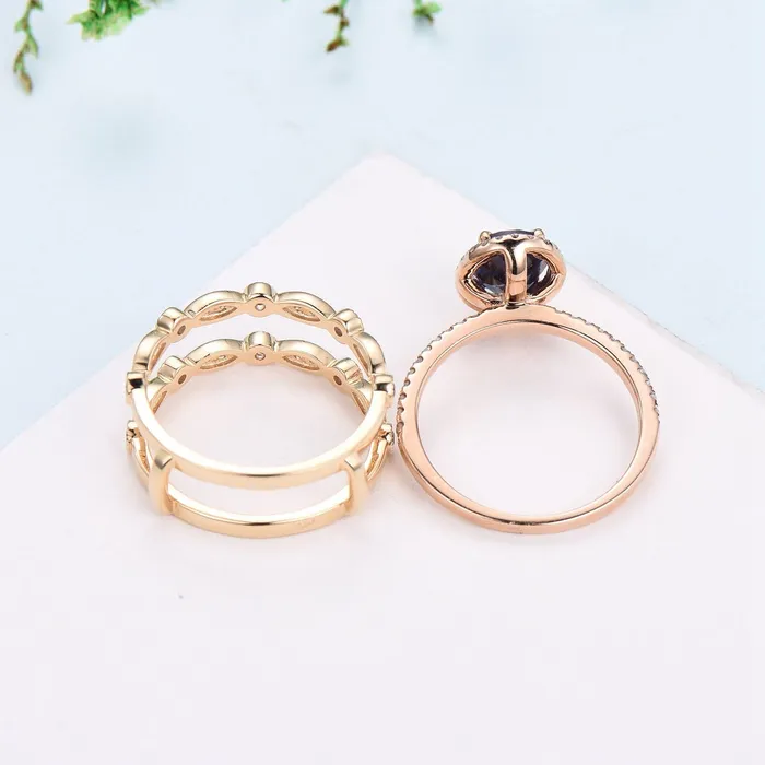 PENFINE Rings Vintage alexandrite engagement ring set Unique 14k rose gold halo diamond wedding ring set antique amethyst double stacking band bridal set PENFINE Rings Vintage alexandrite engagement ring set Unique 14k rose gold halo diamond wedding ring set antique amethyst double stacking band bridal set