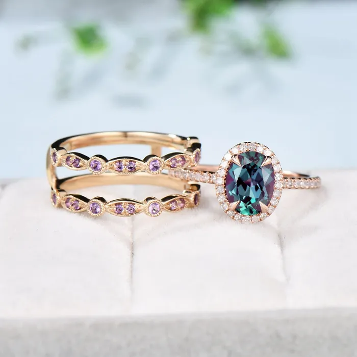 PENFINE Rings Vintage alexandrite engagement ring set Unique 14k rose gold halo diamond wedding ring set antique amethyst double stacking band bridal set PENFINE Rings Vintage alexandrite engagement ring set Unique 14k rose gold halo diamond wedding ring set antique amethyst double stacking band bridal set