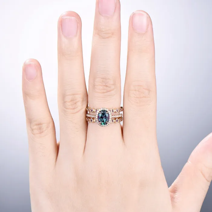 PENFINE Rings Vintage alexandrite engagement ring set Unique 14k rose gold halo diamond wedding ring set antique amethyst double stacking band bridal set PENFINE Rings Vintage alexandrite engagement ring set Unique 14k rose gold halo diamond wedding ring set antique amethyst double stacking band bridal set