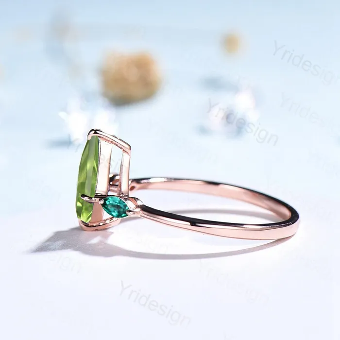 Vintage kite cut peridot engagement ring 14k rose gold marquise cut emerald wedding ring for women unique green bridal wedding ring for her PENFINE Rings