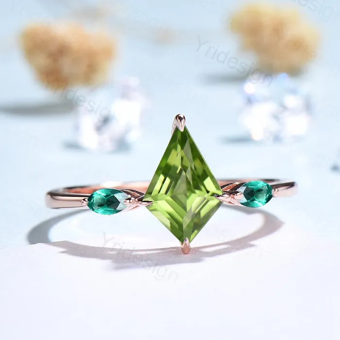 Vintage kite cut peridot engagement ring 14k rose gold marquise cut emerald wedding ring for women unique green bridal wedding ring for her PENFINE Rings