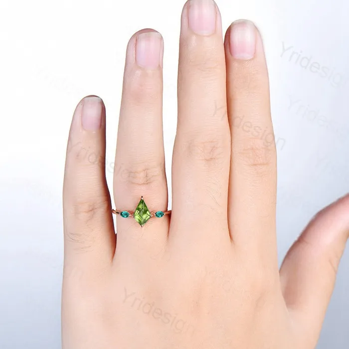 Vintage kite cut peridot engagement ring 14k rose gold marquise cut emerald wedding ring for women unique green bridal wedding ring for her PENFINE Rings