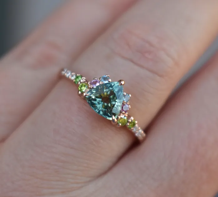 Albrecht Jewellery Trillion Parti Color Sapphire Cluster Engagement Ring w Apple Green Diamonds Pink and Blue Sapphires 14K Rose Gold Rings