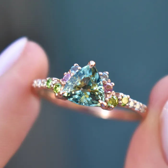 Albrecht Jewellery Trillion Parti Color Sapphire Cluster Engagement Ring w Apple Green Diamonds Pink and Blue Sapphires 14K Rose Gold Rings