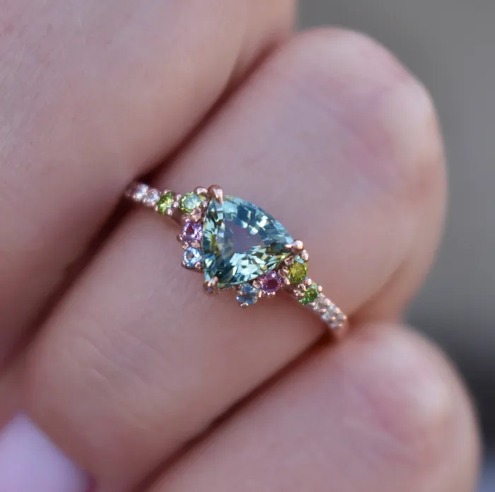 Albrecht Jewellery Trillion Parti Color Sapphire Cluster Engagement Ring w Apple Green Diamonds Pink and Blue Sapphires 14K Rose Gold Rings