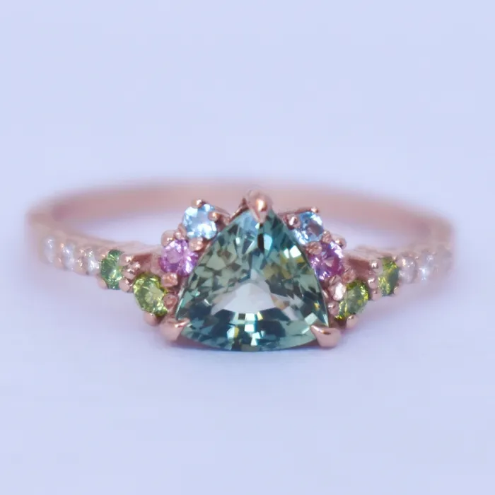 Albrecht Jewellery Trillion Parti Color Sapphire Cluster Engagement Ring w Apple Green Diamonds Pink and Blue Sapphires 14K Rose Gold Rings