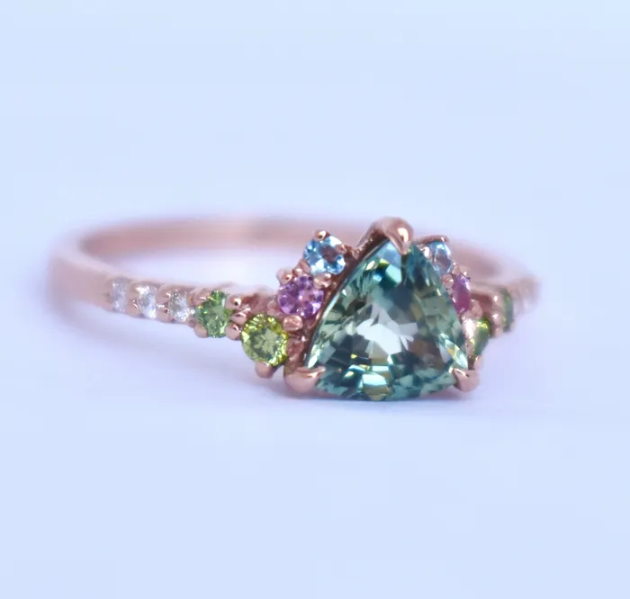 Albrecht Jewellery Trillion Parti Color Sapphire Cluster Engagement Ring w Apple Green Diamonds Pink and Blue Sapphires 14K Rose Gold Rings