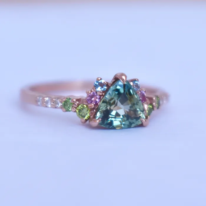 Albrecht Jewellery Trillion Parti Color Sapphire Cluster Engagement Ring w Apple Green Diamonds Pink and Blue Sapphires 14K Rose Gold Rings