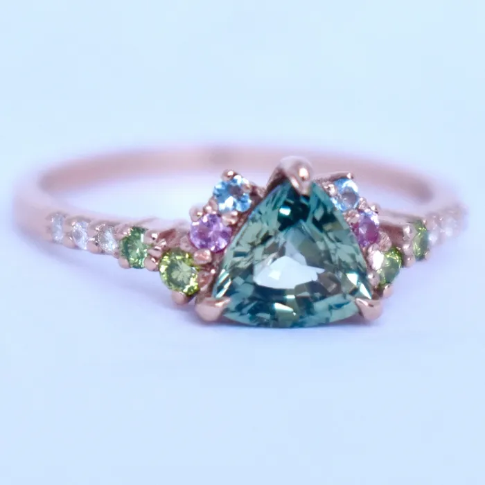 Albrecht Jewellery Trillion Parti Color Sapphire Cluster Engagement Ring w Apple Green Diamonds Pink and Blue Sapphires 14K Rose Gold Rings