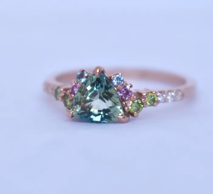 Albrecht Jewellery Trillion Parti Color Sapphire Cluster Engagement Ring w Apple Green Diamonds Pink and Blue Sapphires 14K Rose Gold Rings