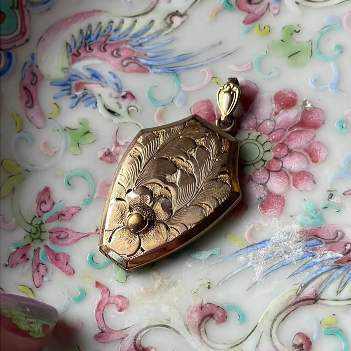 Vintage Paris Jewelry Earrings Shield Flower Locket Gold Filled Vintage